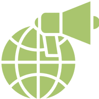 Green globe with megaphone icon.