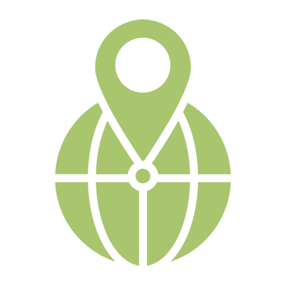 Green globe with location pin icon.