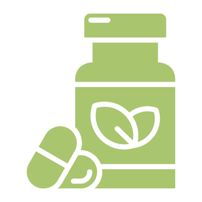 Green supplement bottle with leaf design.