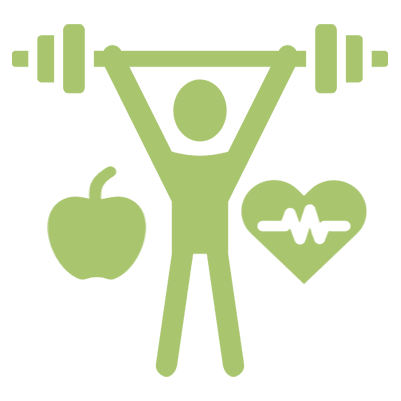 Person lifting weights, apple, heart symbol.